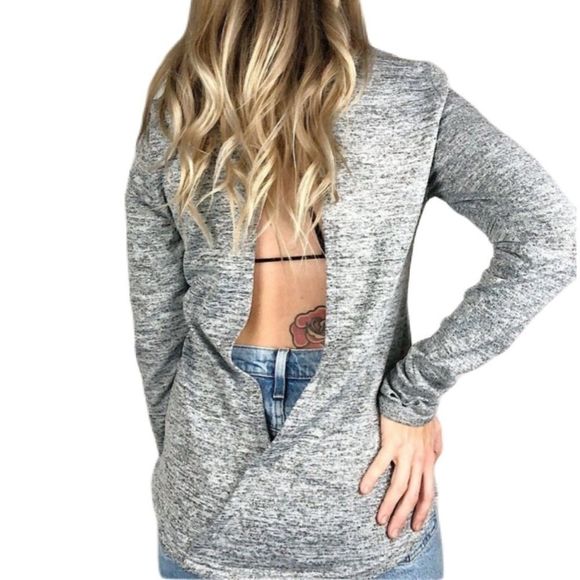 90 Degree By Reflex Tops 9 Degree Open Back Gray Long Sleeved Shirt
